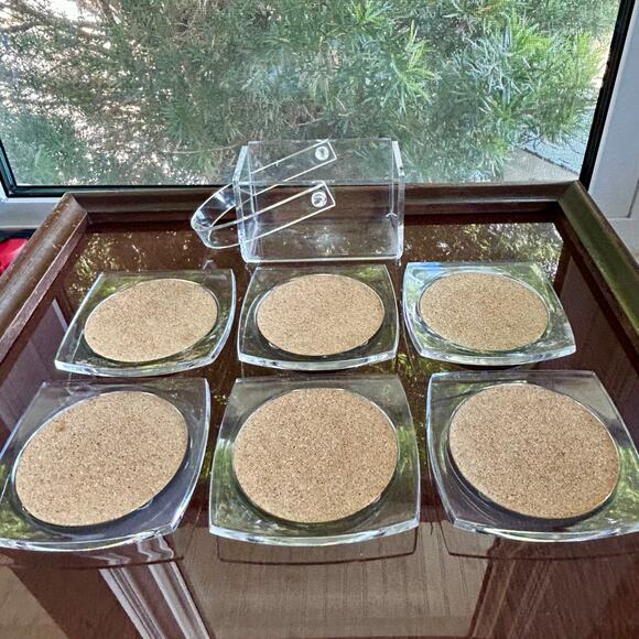 Vintage Clear Lucite and Cork Coaster Set with Holder – 6 Coasters with Caddy - Picture 3 of 13